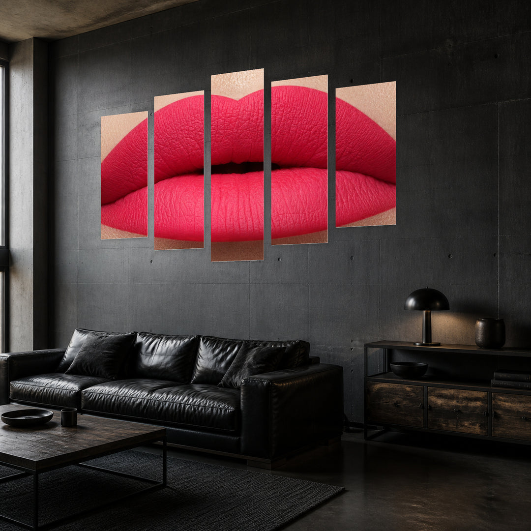 Pink Matte Lips Modern Composition — five-panel wall art in perspective interior | 5wallart 51884 M2