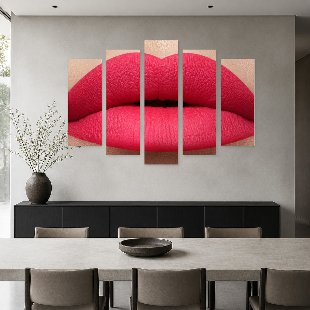 Pink Matte Lips Modern Composition — five-panel wall art in frontal interior | 5wallart 51884 M3