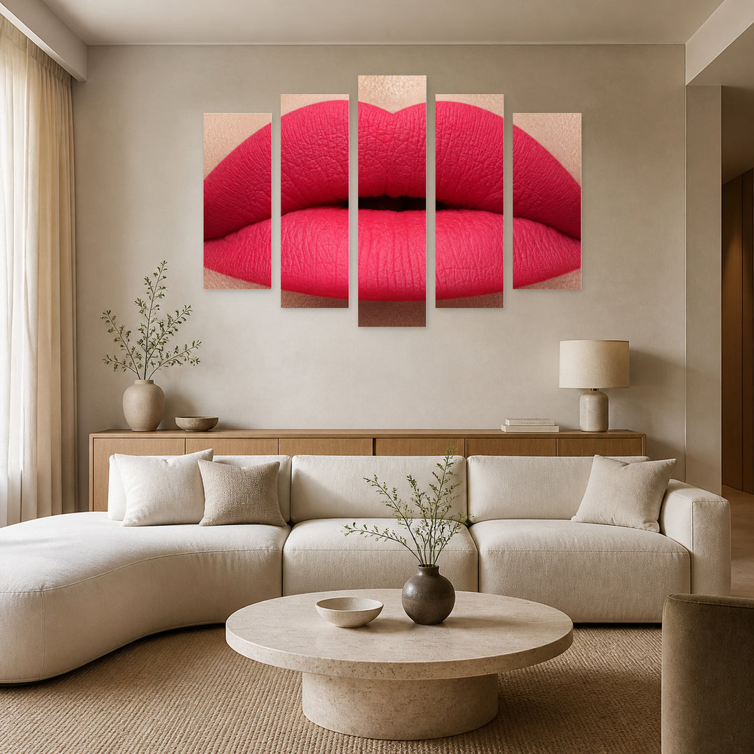 Pink Matte Lips Modern Composition — five-panel wall art in alternate frontal interior | 5wallart 51884 M4