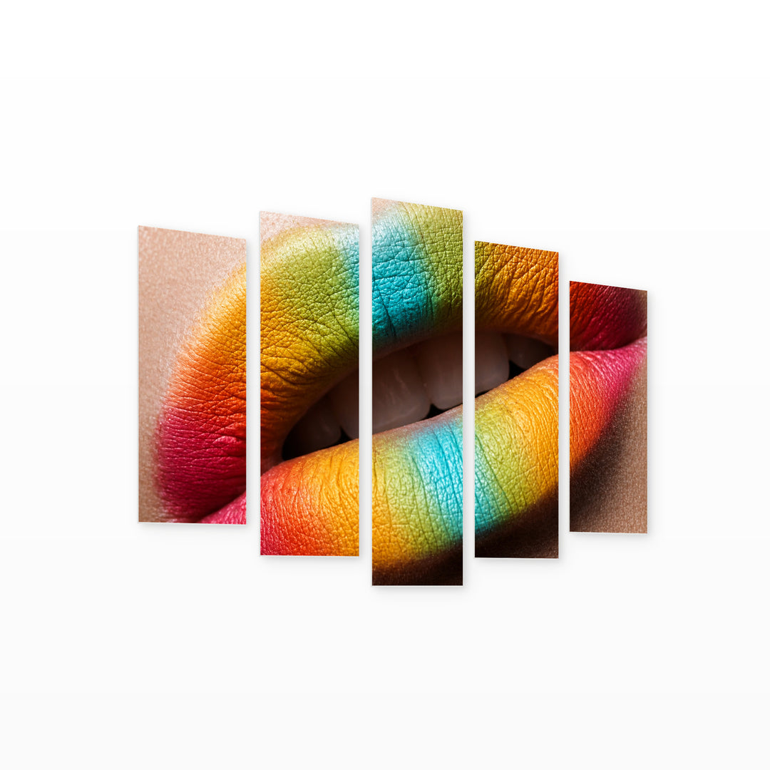 Bright Colored Lips at Night — five-panel wall art on white background in perspective | 5wallart 51887 M1