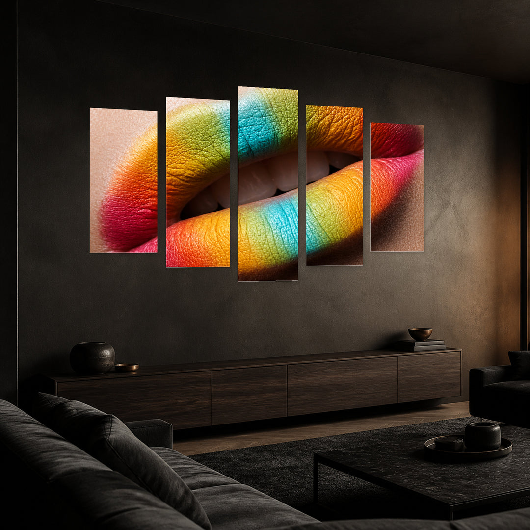 Bright Colored Lips at Night — five-panel wall art in perspective interior | 5wallart 51887 M2