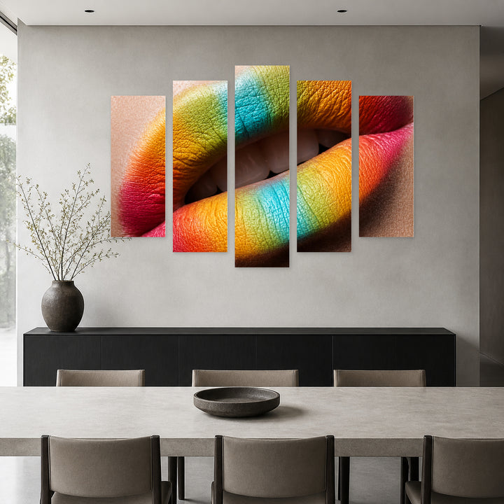 Bright Colored Lips at Night — five-panel wall art in alternate frontal interior | 5wallart 51887 M4