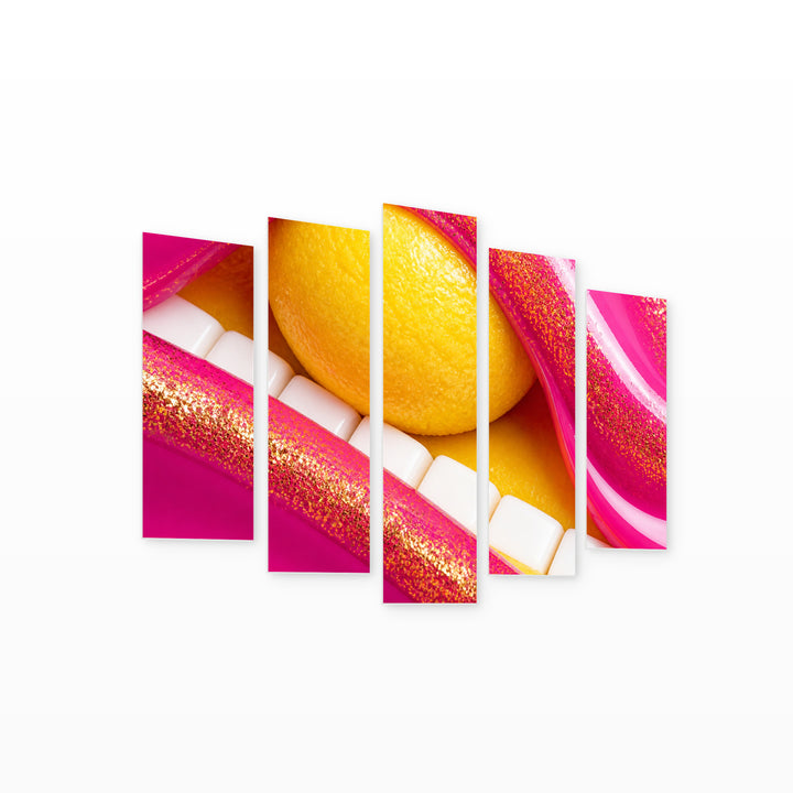Golden Shimmer on Lips with Geometric Rhythm — five-panel wall art on white background in perspective | 5wallart 51888 M1