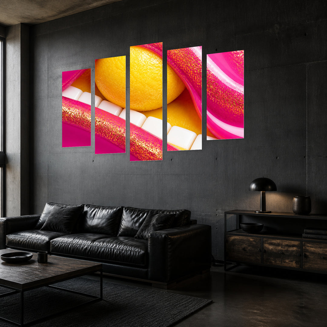 Golden Shimmer on Lips with Geometric Rhythm — five-panel wall art in perspective interior | 5wallart 51888 M2