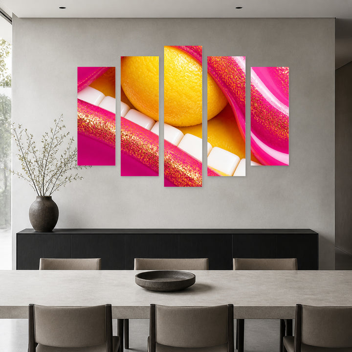 Golden Shimmer on Lips with Geometric Rhythm — five-panel wall art in frontal interior | 5wallart 51888 M3