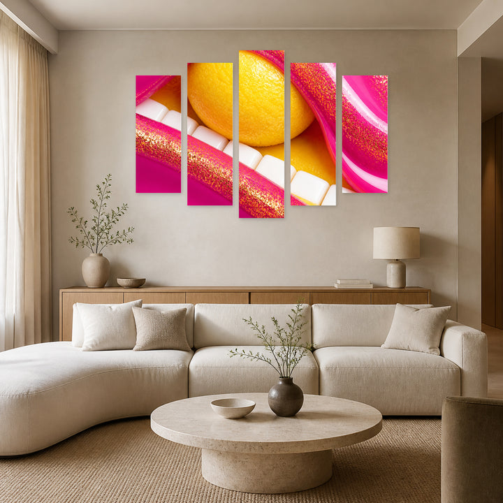 Golden Shimmer on Lips with Geometric Rhythm — five-panel wall art in alternate frontal interior | 5wallart 51888 M4