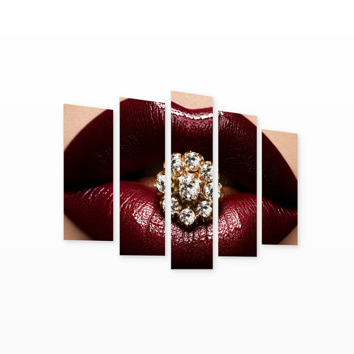 Dark Red Lipstick with Dramatic Contrast — five-panel wall art on white background in perspective | 5wallart 51889 M1
