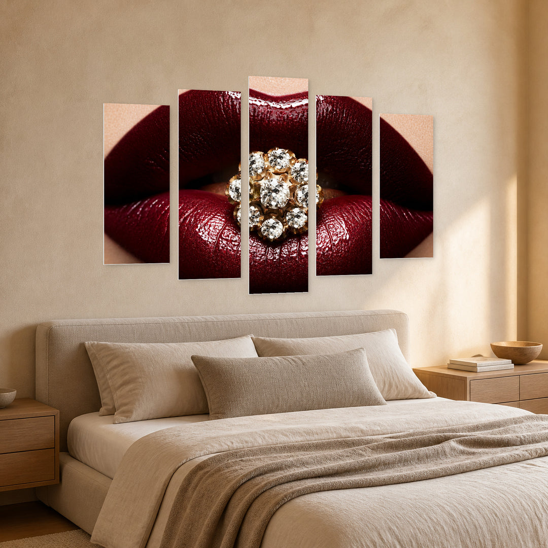 Dark Red Lipstick with Dramatic Contrast — five-panel wall art in perspective interior | 5wallart 51889 M2