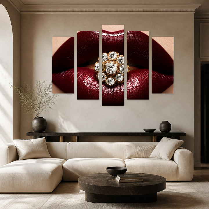Dark Red Lipstick with Dramatic Contrast — five-panel wall art in frontal interior | 5wallart 51889 M3