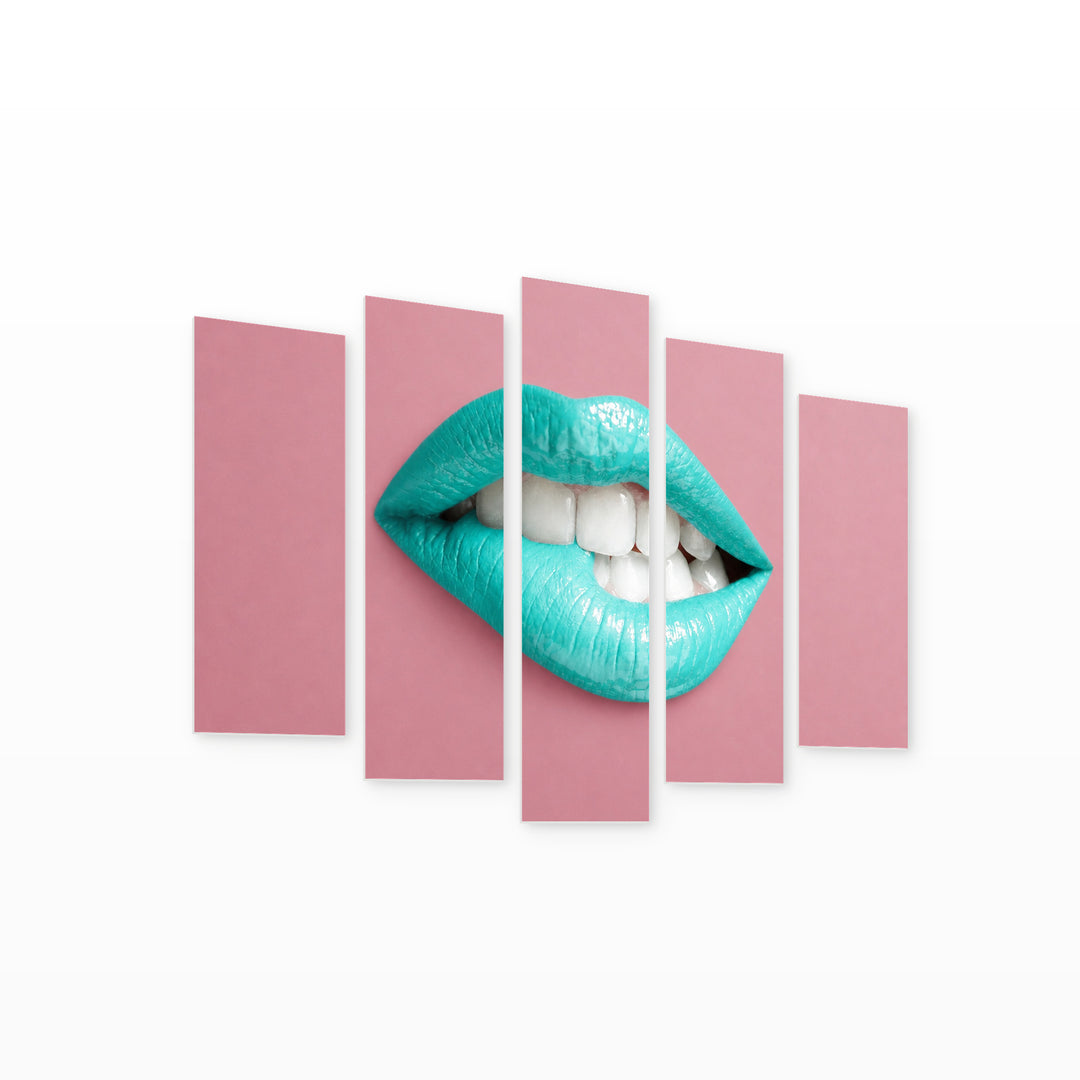 Turquoise Lips with Dramatic Contrast — five-panel wall art on white background in perspective | 5wallart 51891 M1