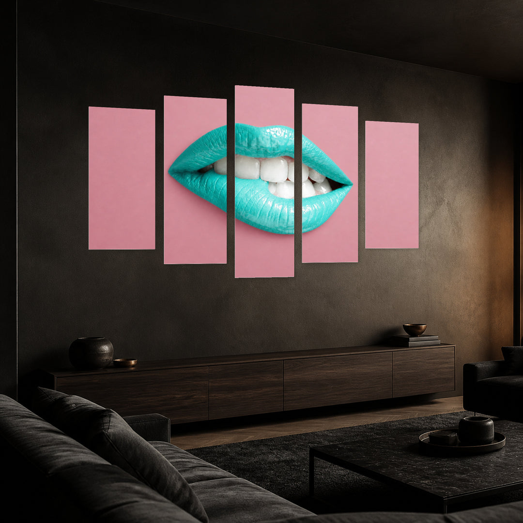 Turquoise Lips with Dramatic Contrast — five-panel wall art in perspective interior | 5wallart 51891 M2