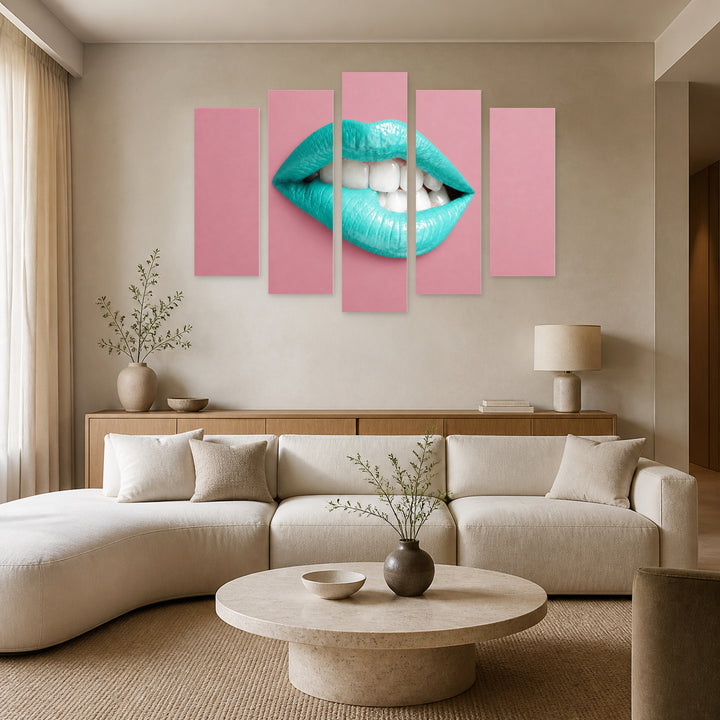 Turquoise Lips with Dramatic Contrast — five-panel wall art in frontal interior | 5wallart 51891 M3