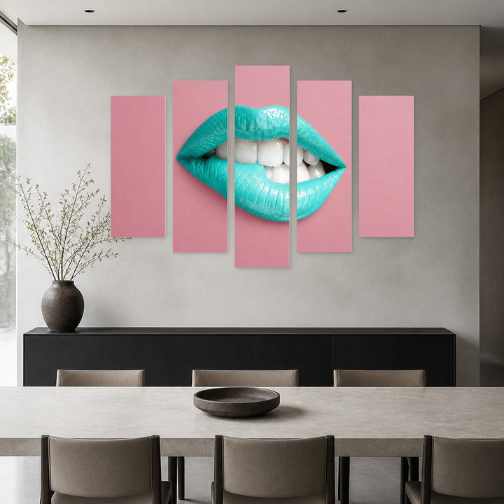 Turquoise Lips with Dramatic Contrast — five-panel wall art in alternate frontal interior | 5wallart 51891 M4