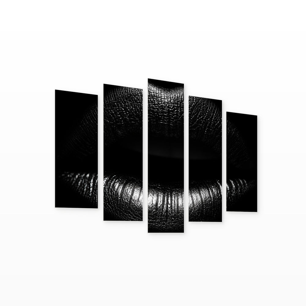 Black Lips on Black Background with Dramatic Contrast — five-panel wall art on white background in perspective | 5wallart 51892 M1