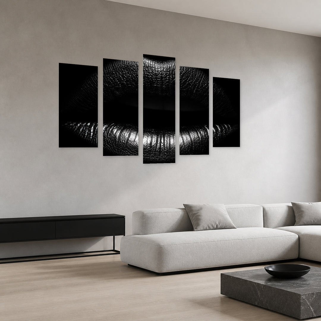 Black Lips on Black Background with Dramatic Contrast — five-panel wall art in perspective interior | 5wallart 51892 M2