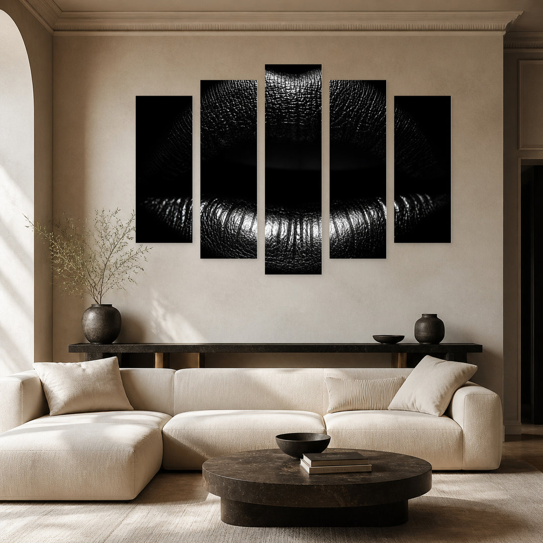 Black Lips on Black Background with Dramatic Contrast — five-panel wall art in alternate frontal interior | 5wallart 51892 M4