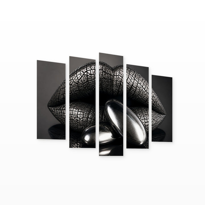 Gray Metallic Lips in Serene Light — five-panel wall art on white background in perspective | 5wallart 51897 M1
