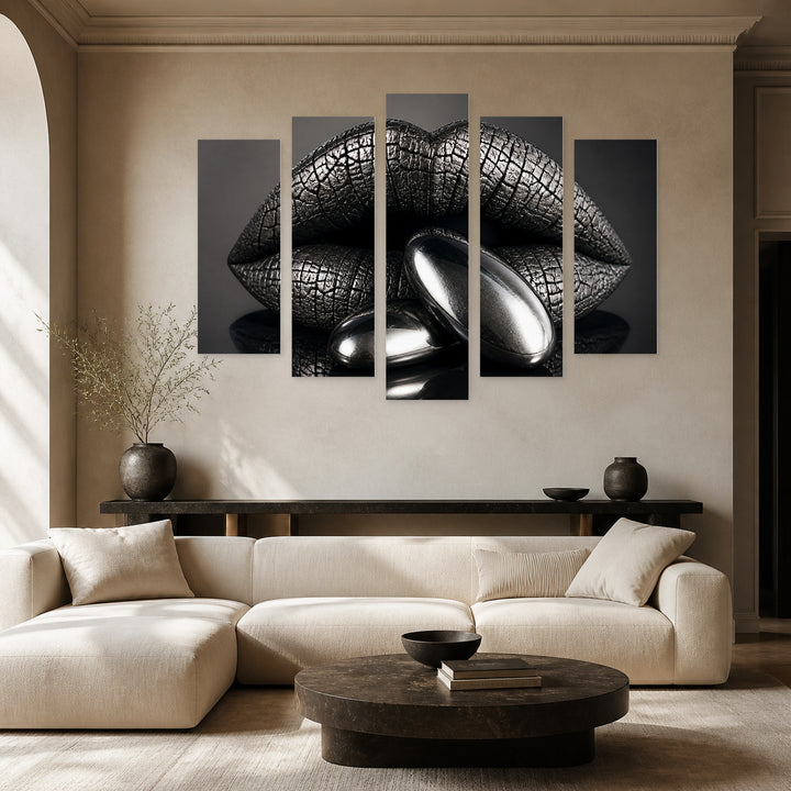 Gray Metallic Lips in Serene Light — five-panel wall art in frontal interior | 5wallart 51897 M3
