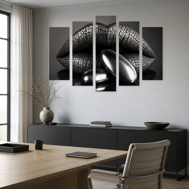 Gray Metallic Lips in Serene Light — five-panel wall art in alternate frontal interior | 5wallart 51897 M4
