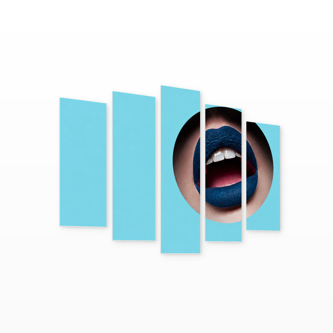 Blue Lips in a Circle with Dramatic Contrast — five-panel wall art on white background in perspective | 5wallart 51899 M1