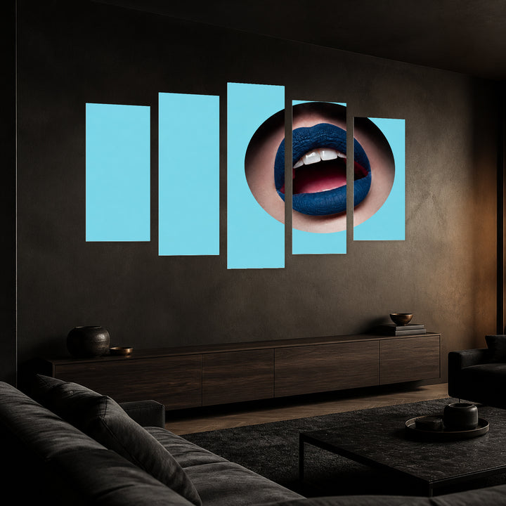 Blue Lips in a Circle with Dramatic Contrast — five-panel wall art in perspective interior | 5wallart 51899 M2