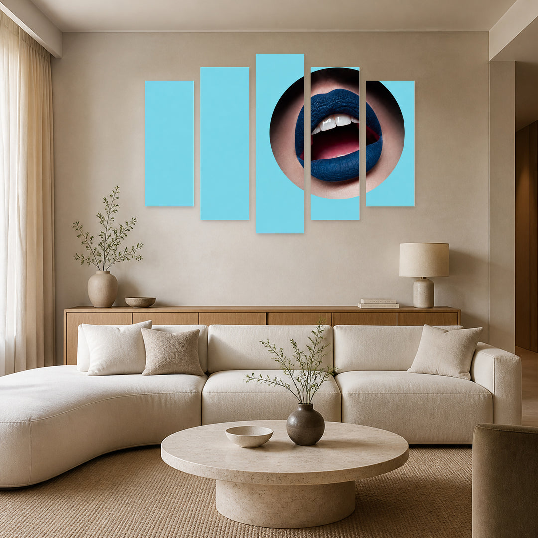 Blue Lips in a Circle with Dramatic Contrast — five-panel wall art in frontal interior | 5wallart 51899 M3