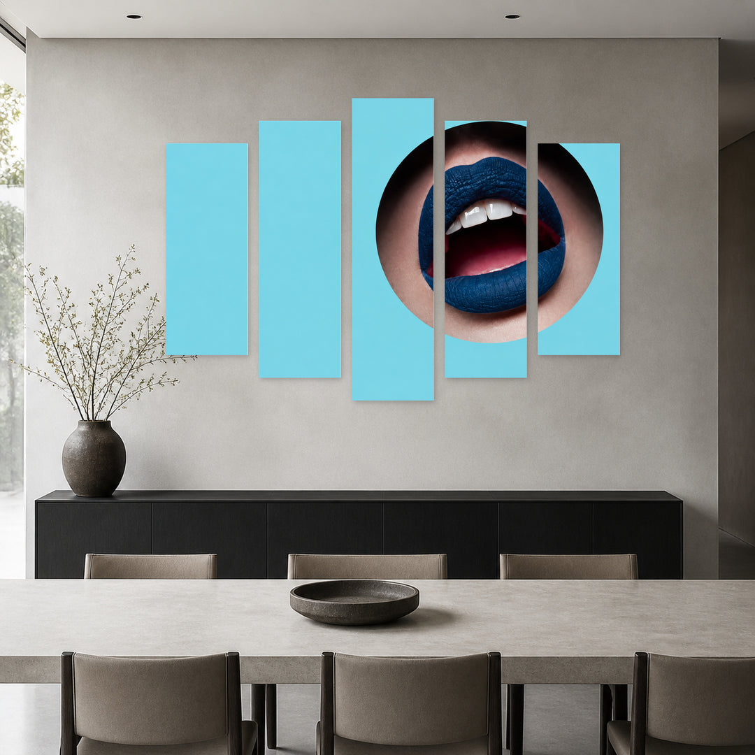 Blue Lips in a Circle with Dramatic Contrast — five-panel wall art in alternate frontal interior | 5wallart 51899 M4