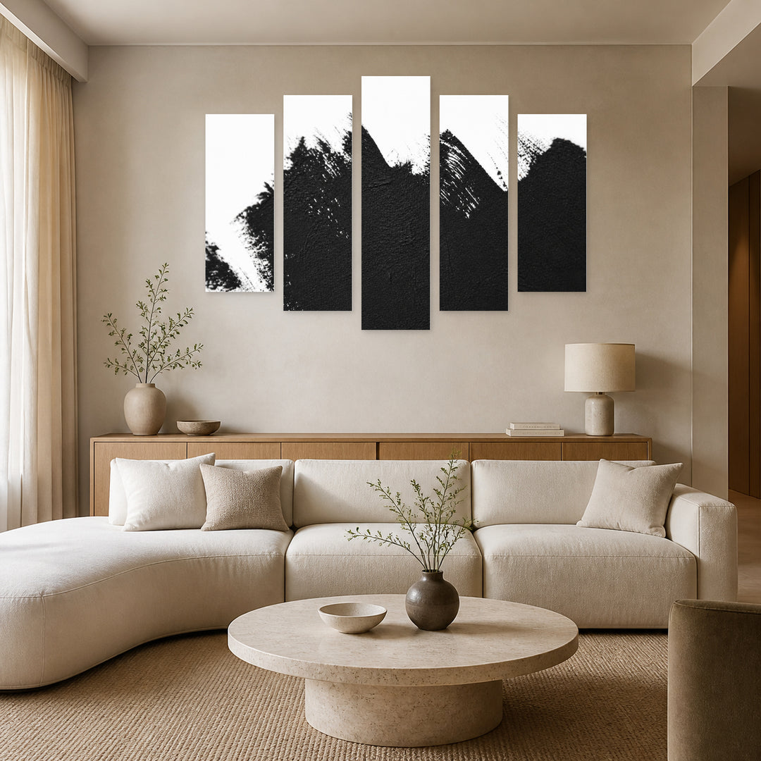 Black Oil Paint on White Paper Modern Composition — five-panel wall art in frontal interior | 5wallart 51919 M3