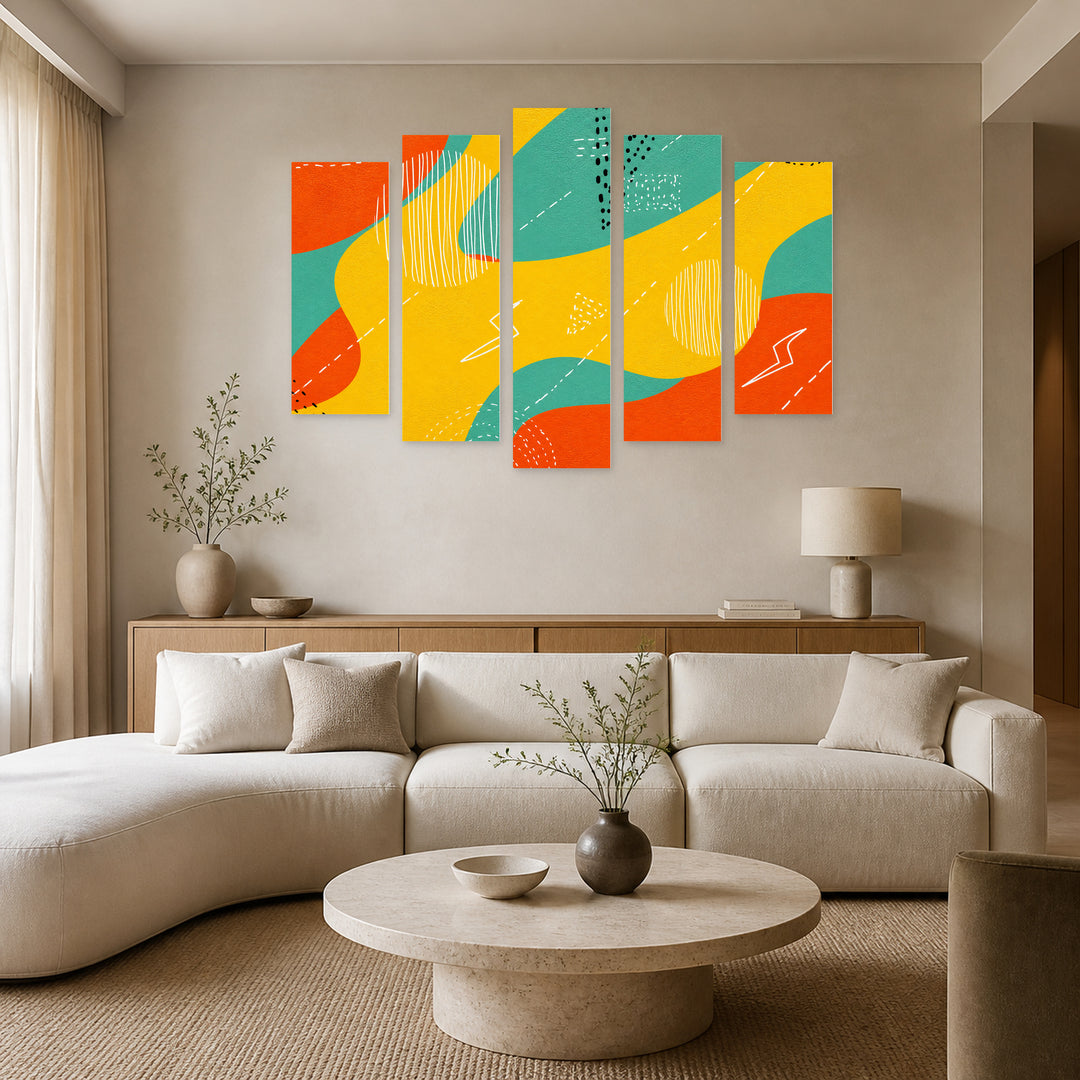 Abstract Geometric Drawing with Dramatic Contrast — five-panel wall art in frontal interior | 5wallart 51933 M3