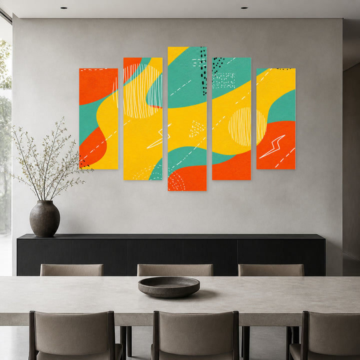 Abstract Geometric Drawing with Dramatic Contrast — five-panel wall art in alternate frontal interior | 5wallart 51933 M4