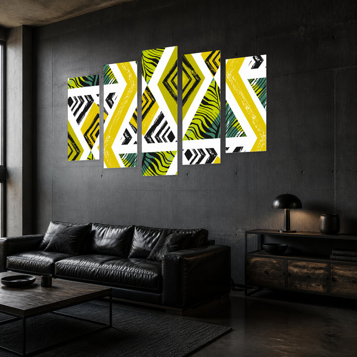 Vector Abstract Textured Shapes with Geometric Rhythm — five-panel wall art in perspective interior | 5wallart 51938 M2