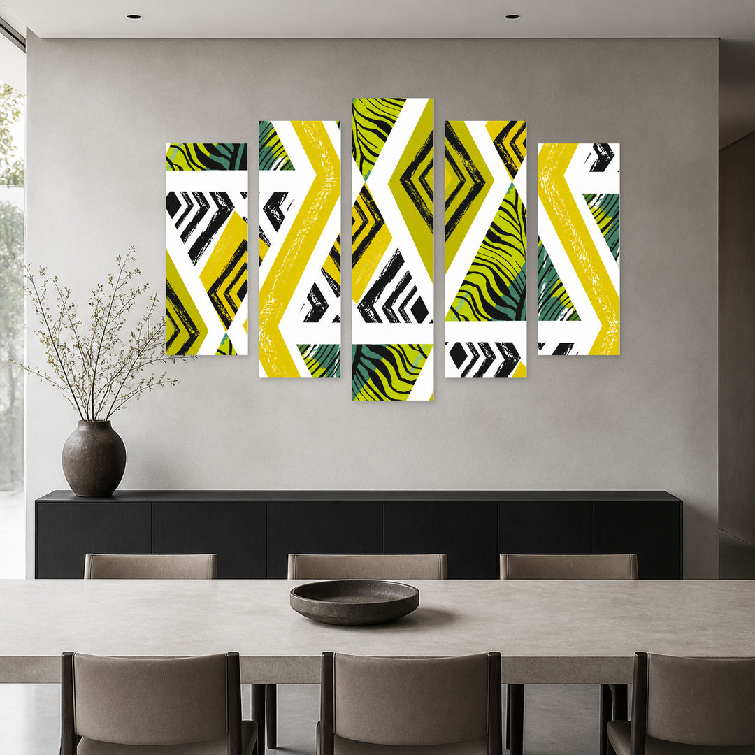 Vector Abstract Textured Shapes with Geometric Rhythm — five-panel wall art in frontal interior | 5wallart 51938 M3