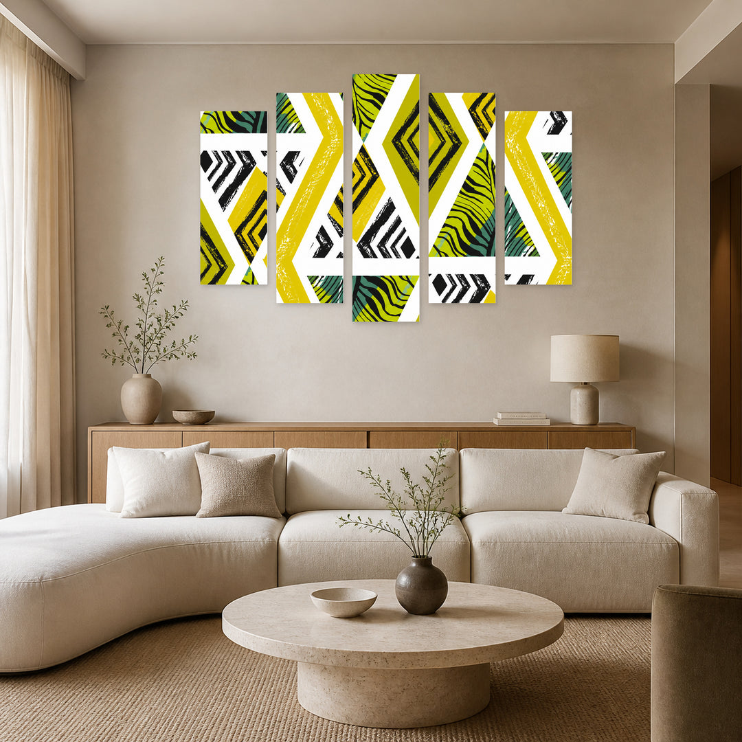 Vector Abstract Textured Shapes with Geometric Rhythm — five-panel wall art in alternate frontal interior | 5wallart 51938 M4