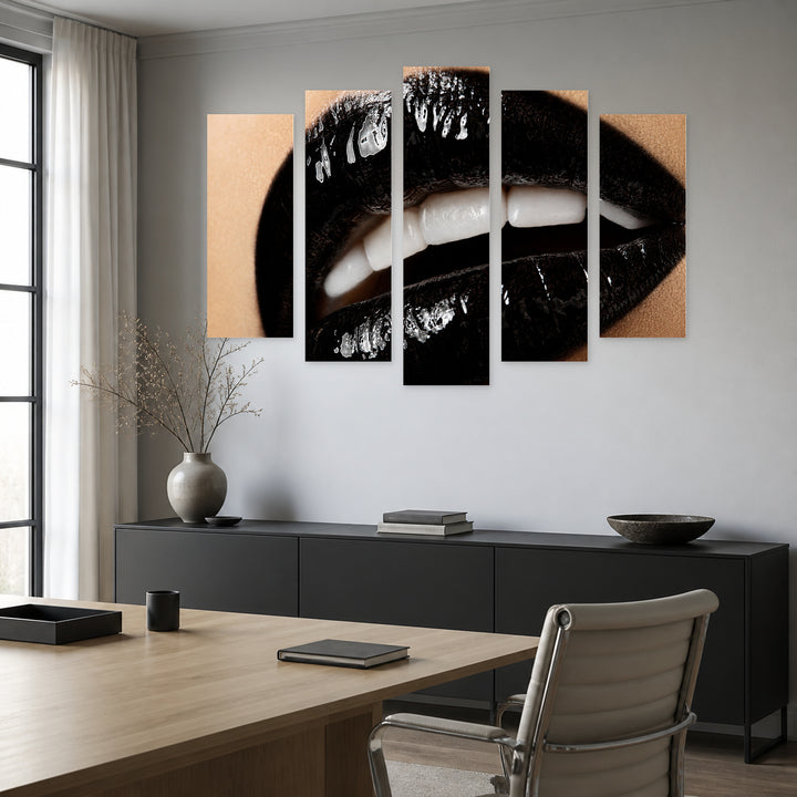 Macro Photo of Lips with Dramatic Contrast — five-panel wall art in frontal interior | 5wallart 51948 M3