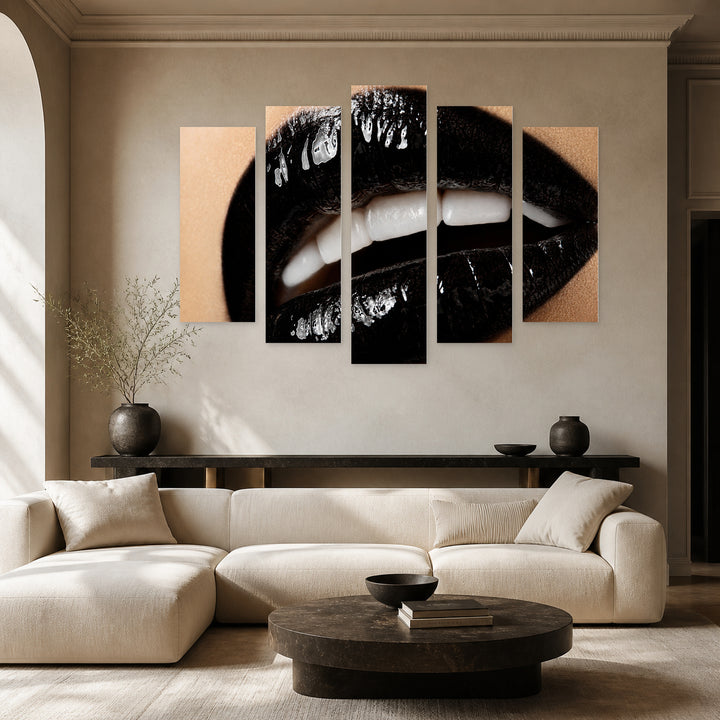 Macro Photo of Lips with Dramatic Contrast — five-panel wall art in alternate frontal interior | 5wallart 51948 M4