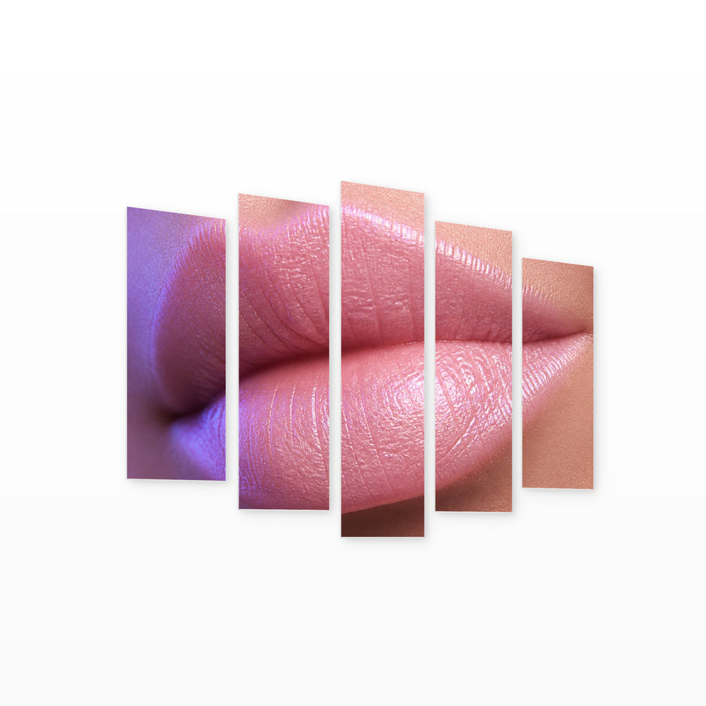 Macro Photo of Nude Lips in Serene Light — five-panel wall art on white background in perspective | 5wallart 51949 M1