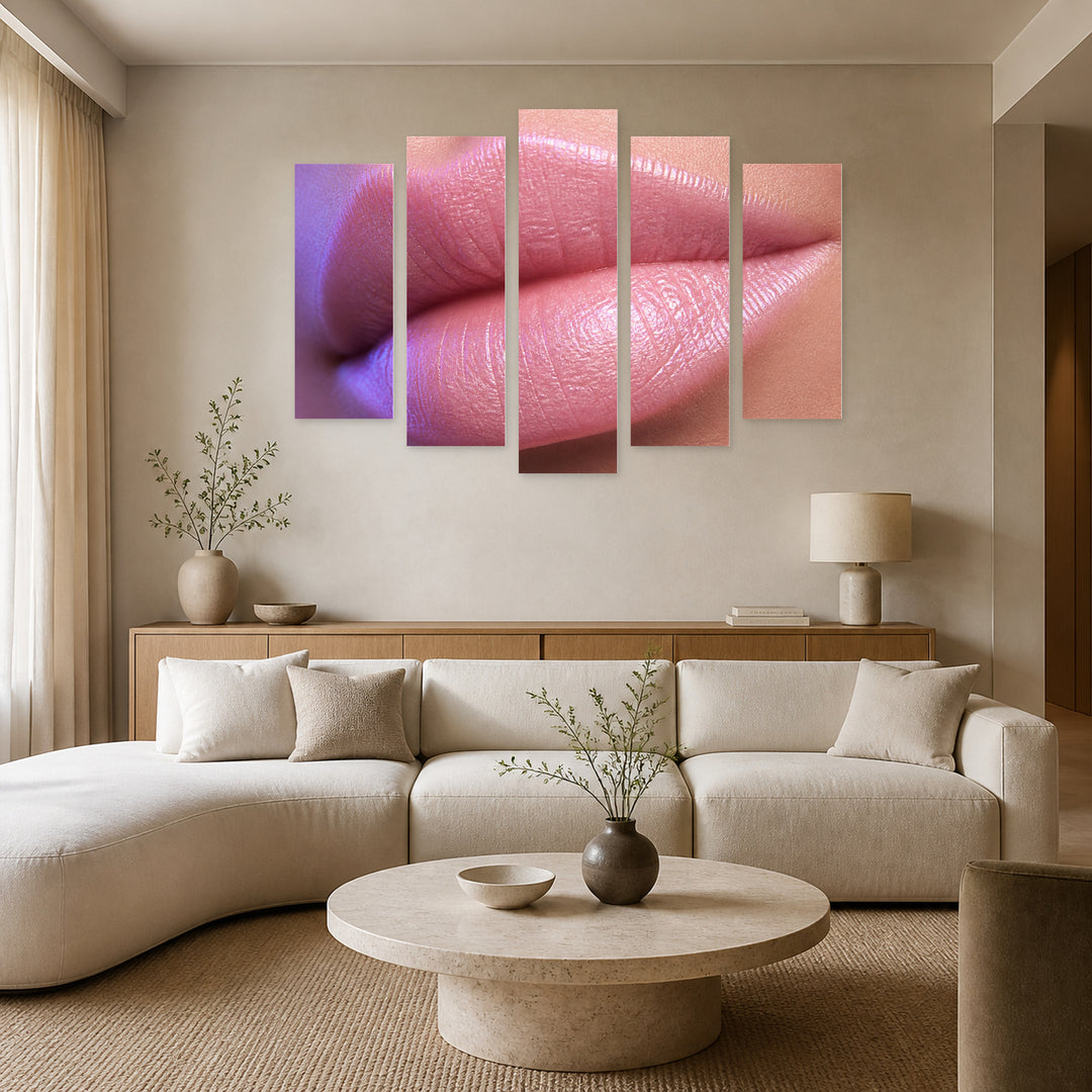 Macro Photo of Nude Lips in Serene Light — five-panel wall art in frontal interior | 5wallart 51949 M3