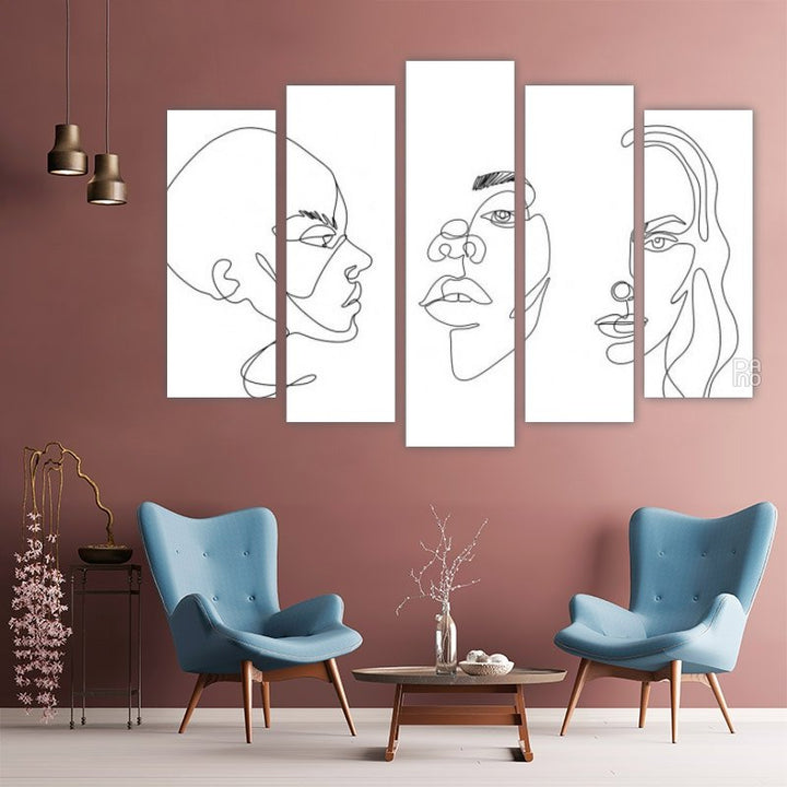 Abstract faces in continuous line – five-piece modular wall art