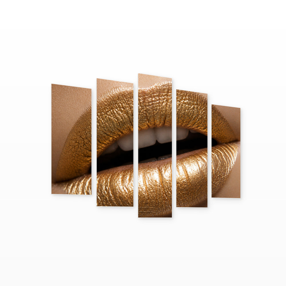 Lips with Golden Color Modern Composition — five-panel wall art on white background in perspective | 5wallart 51950 M1