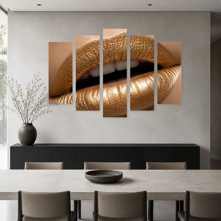 Lips with Golden Color Modern Composition — five-panel wall art in frontal interior | 5wallart 51950 M3