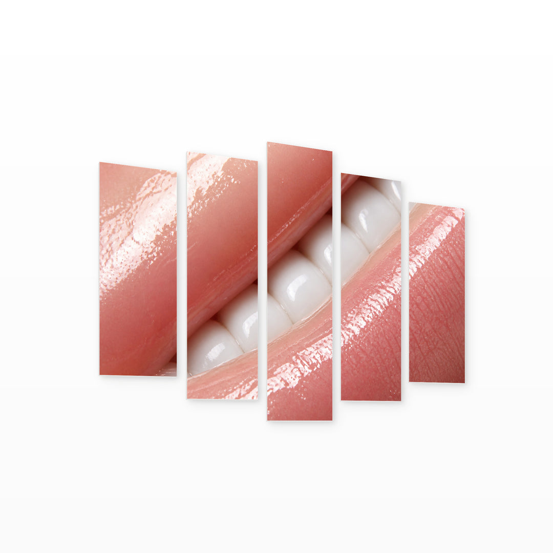 Macro Photo of Glossy Lips Modern Composition — five-panel wall art on white background in perspective | 5wallart 51951 M1