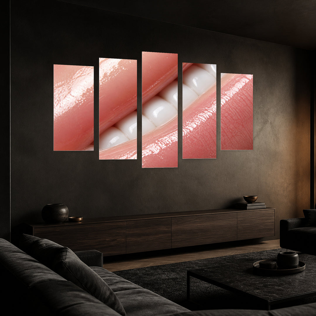 Macro Photo of Glossy Lips Modern Composition — five-panel wall art in perspective interior | 5wallart 51951 M2