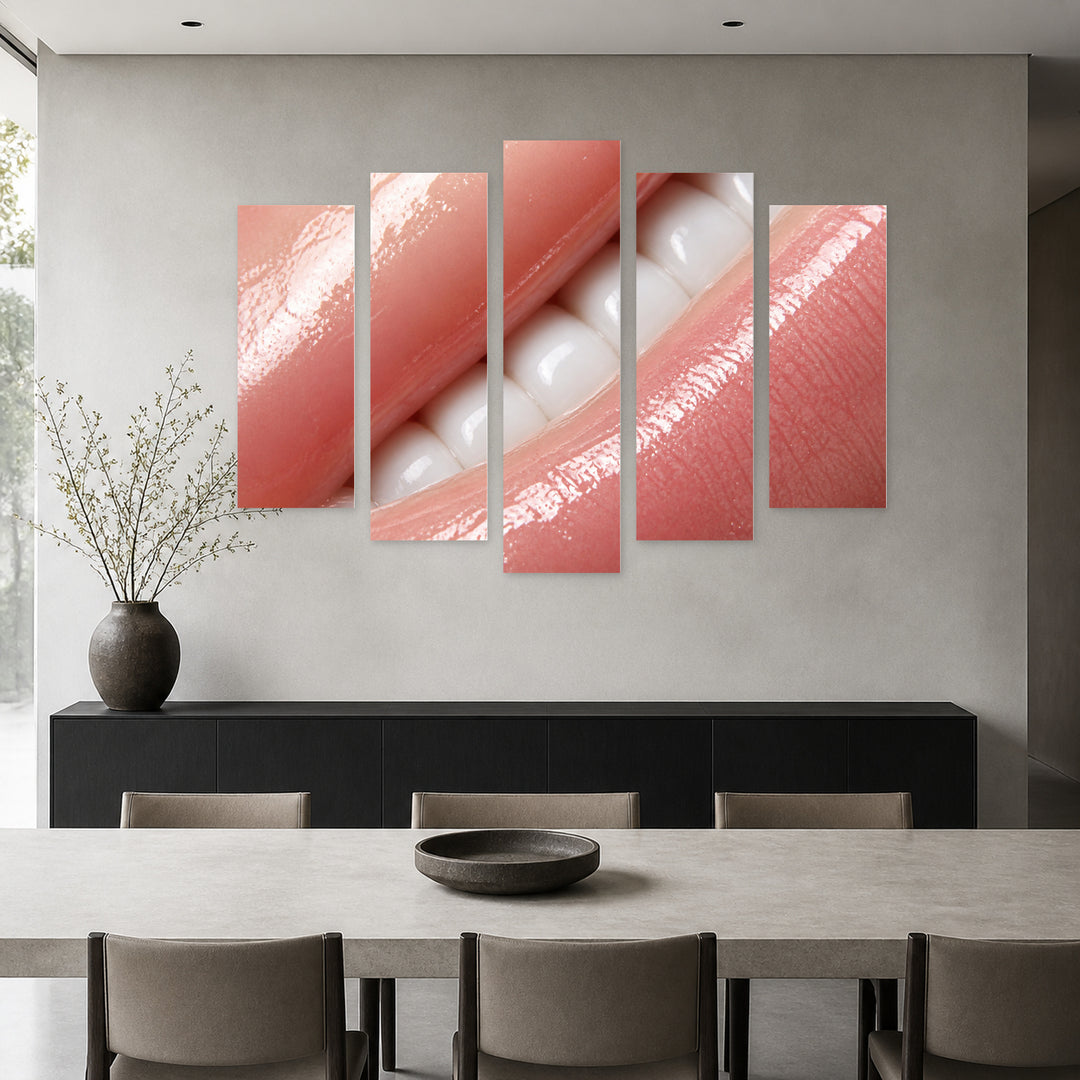 Macro Photo of Glossy Lips Modern Composition — five-panel wall art in alternate frontal interior | 5wallart 51951 M4