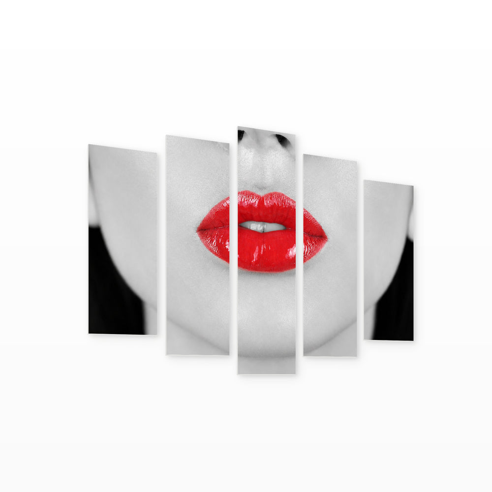Retro Red Lips in Vivid Color — five-panel wall art on white background in perspective | 5wallart 51957 M1