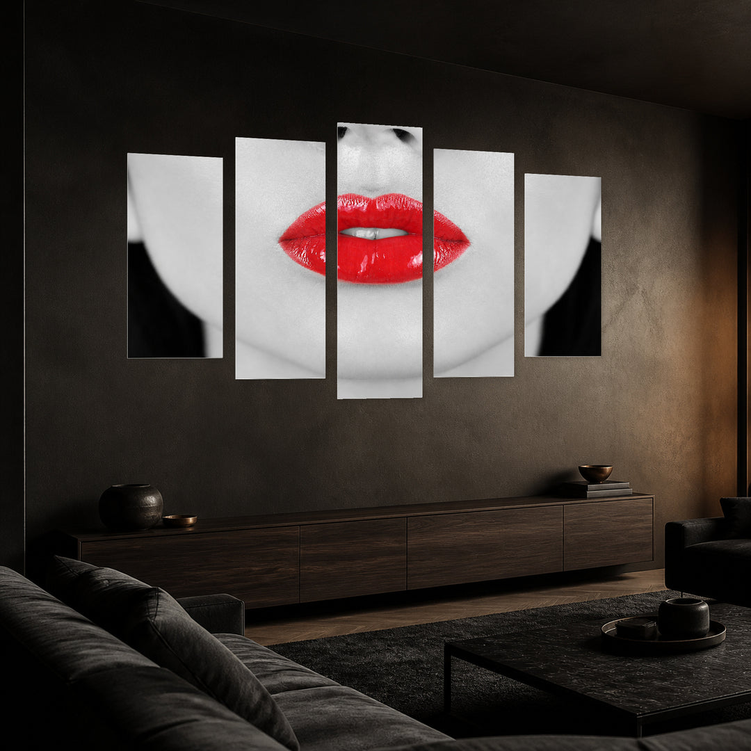 Retro Red Lips in Vivid Color — five-panel wall art in perspective interior | 5wallart 51957 M2
