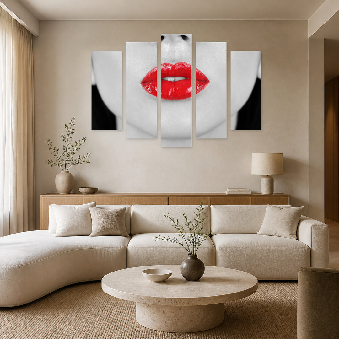 Retro Red Lips in Vivid Color — five-panel wall art in frontal interior | 5wallart 51957 M3