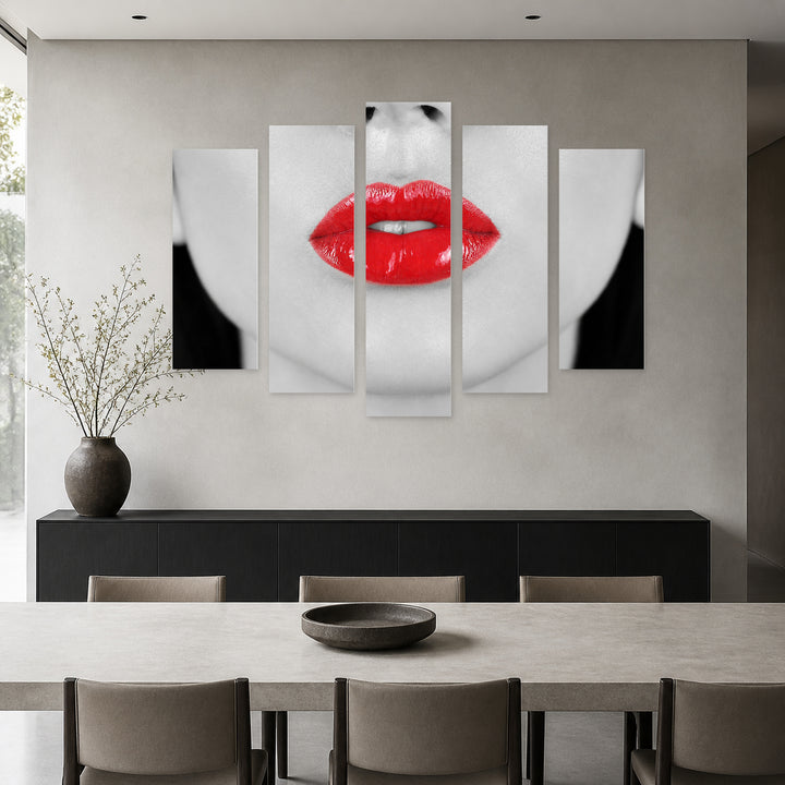 Retro Red Lips in Vivid Color — five-panel wall art in alternate frontal interior | 5wallart 51957 M4