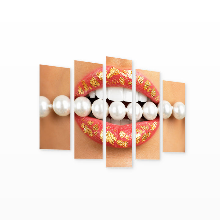 Pearls on Lips in Serene Light — five-panel wall art on white background in perspective | 5wallart 51958 M1