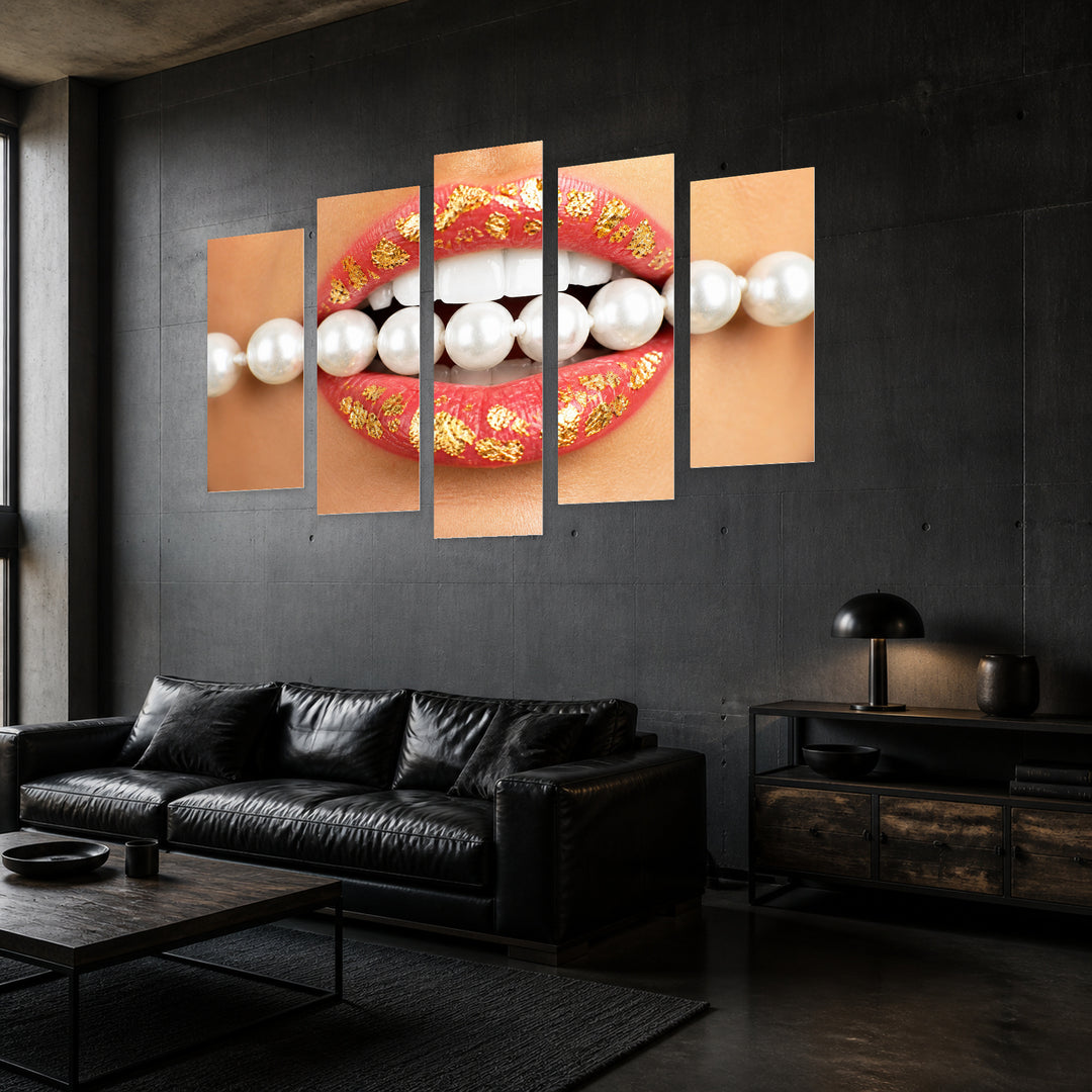 Pearls on Lips in Serene Light — five-panel wall art in perspective interior | 5wallart 51958 M2