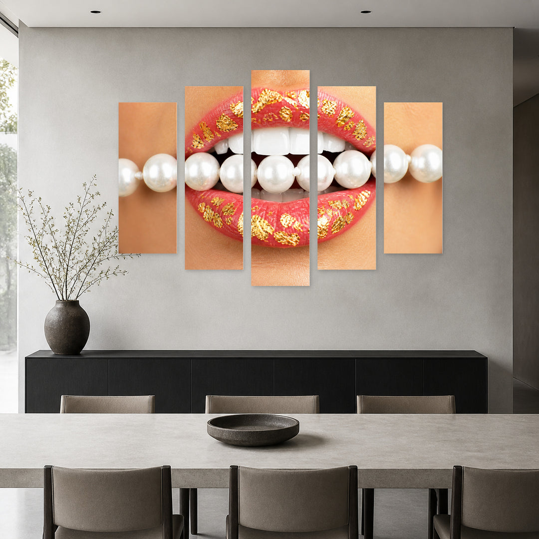 Pearls on Lips in Serene Light — five-panel wall art in frontal interior | 5wallart 51958 M3
